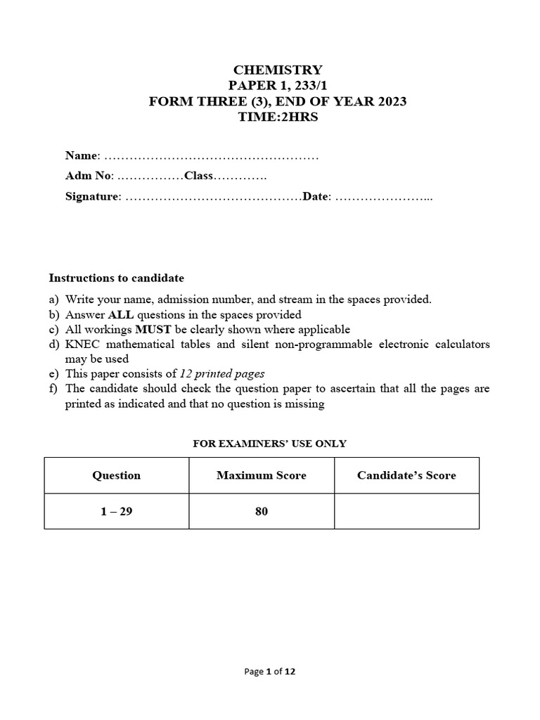 Form 3 2023 End t3 Chemistry Pp1 Qs Teacher - Co .Ke Set A | PDF ...