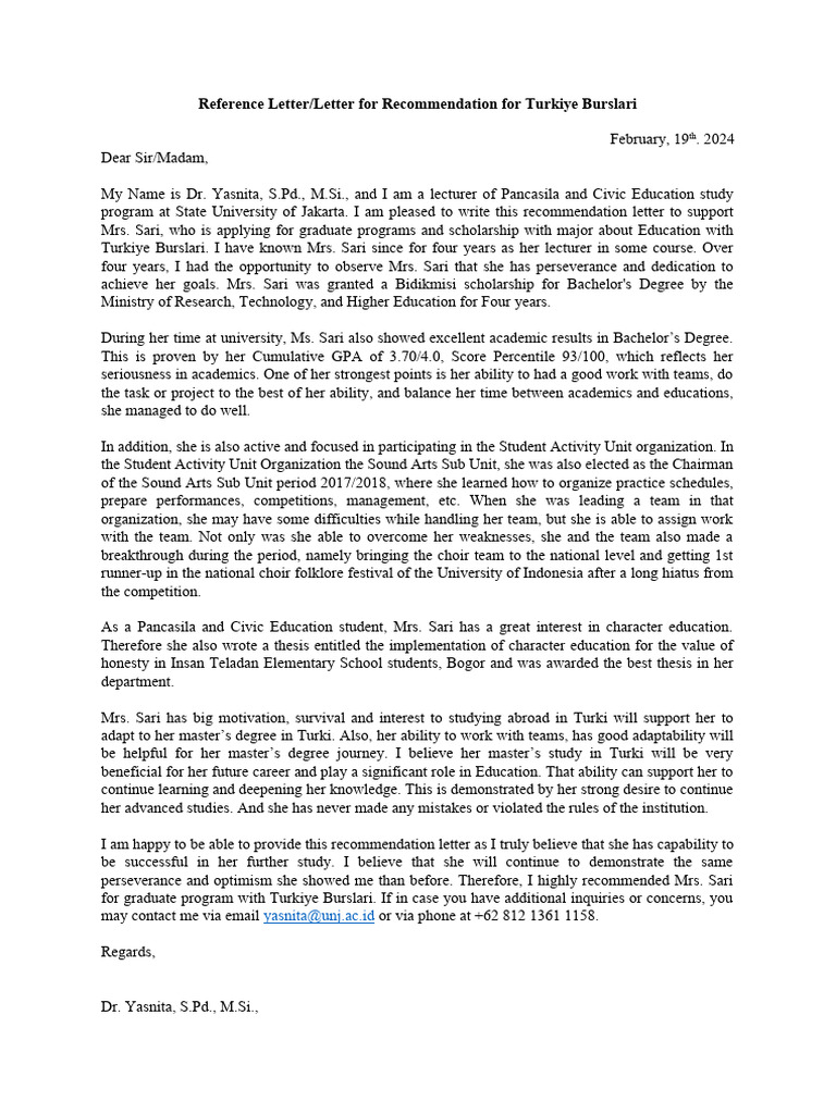 Recommendation Letter for Turkiye Burslari | PDF | Behavior ...