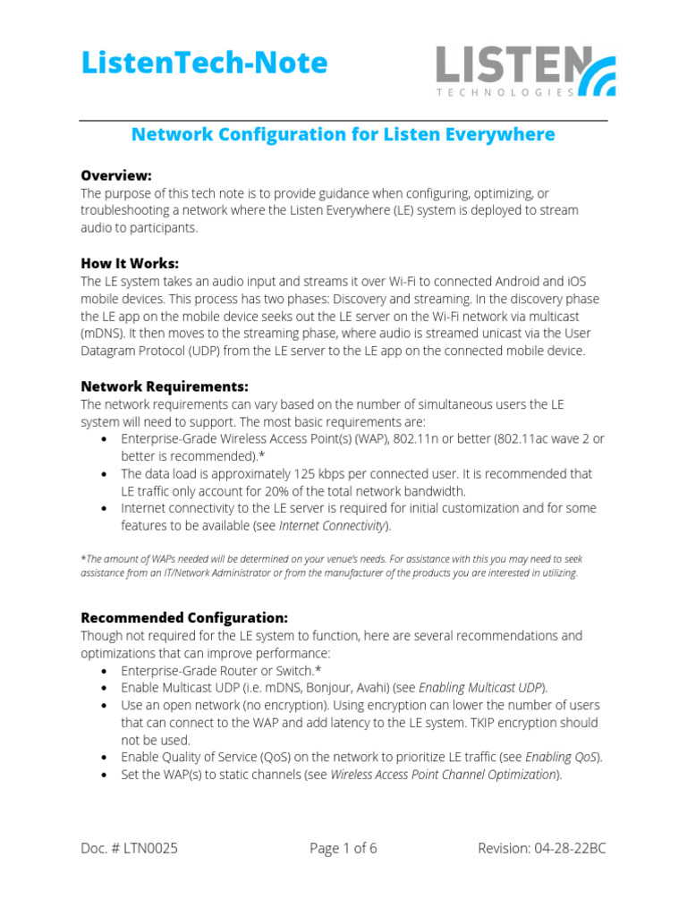 LTN0025 Listen Everywhere Network Configuration 2022-04-28 V3 | PDF ...