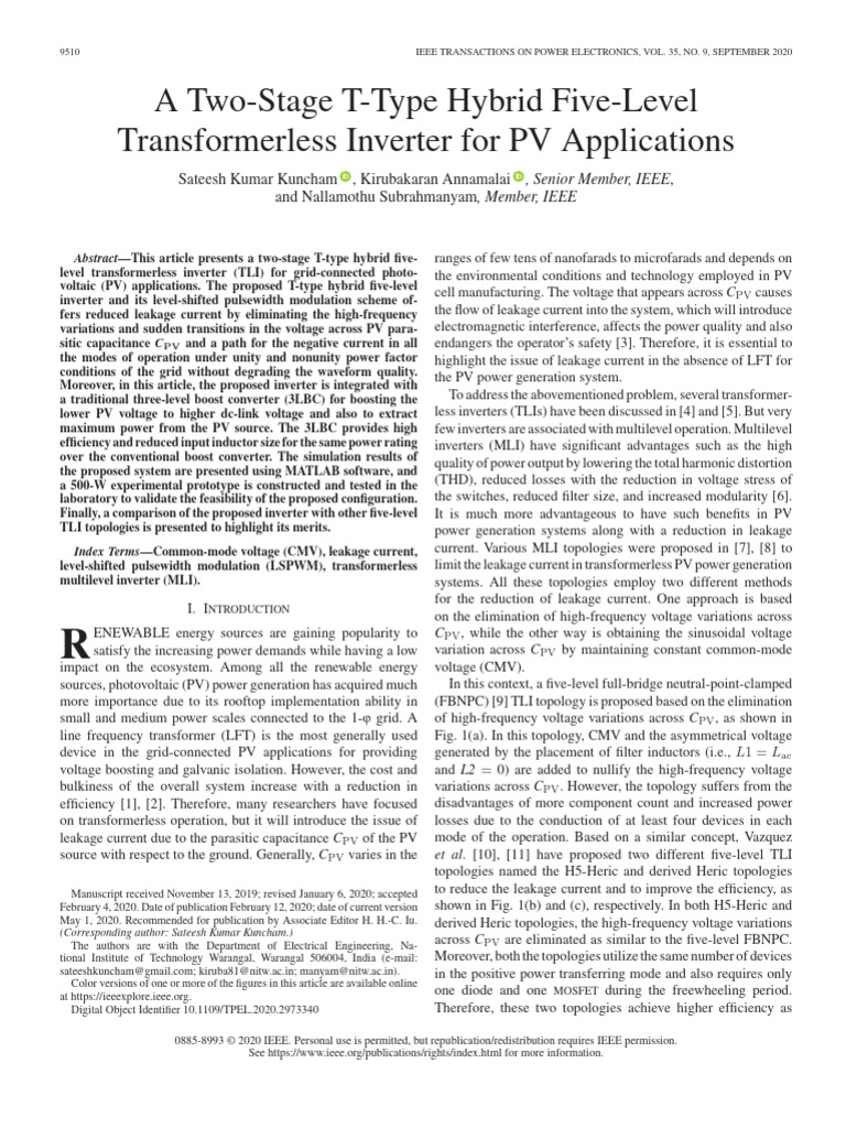 A Two-Stage T-Type Hybrid Five-Level Transformerless Inverter For PV ...