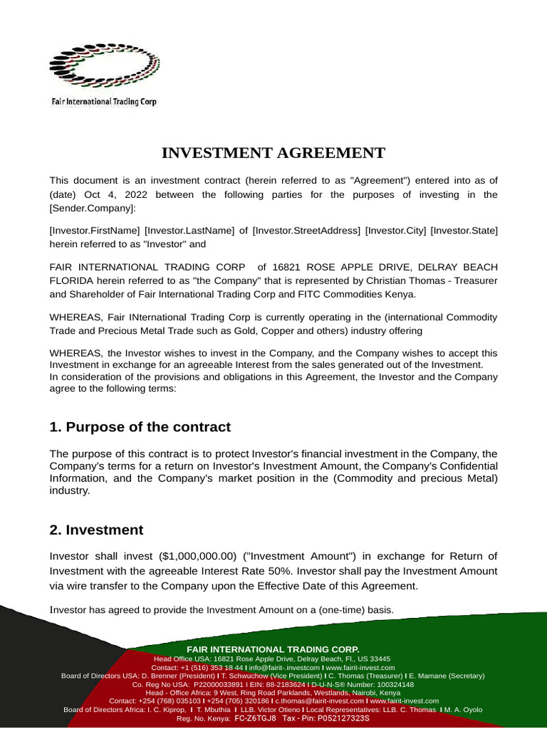 Investment Agreement with Fair Corp | PDF | Investing | Trade Secret