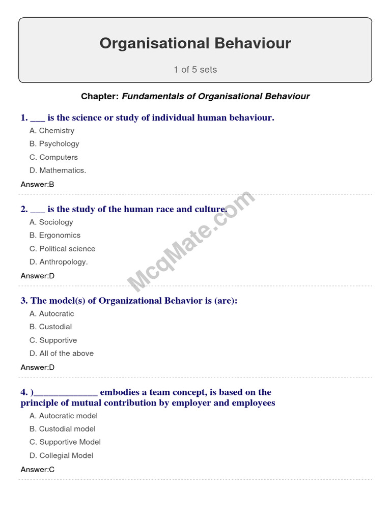 Organisational Behaviour MCQs Guide | PDF | Organizational Behavior ...