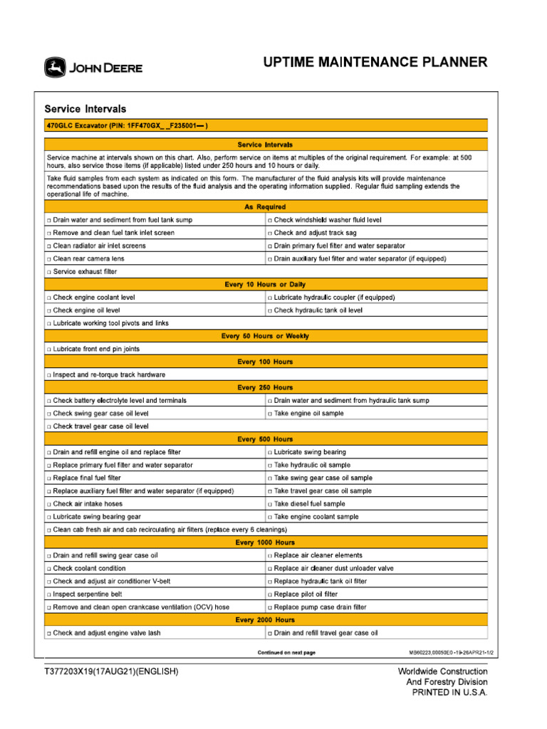 John Deere 470G Maintenance Planner | PDF