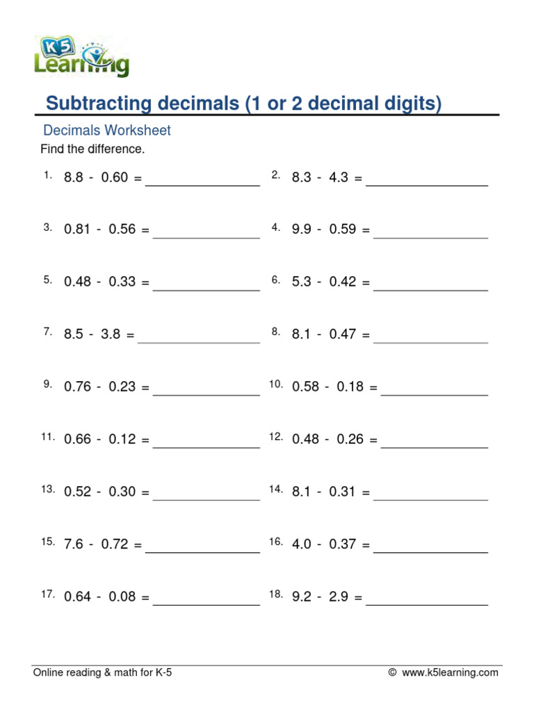 Subtracting Decimals (1 or 2 Decimal Digits) | PDF | Notation | Arithmetic