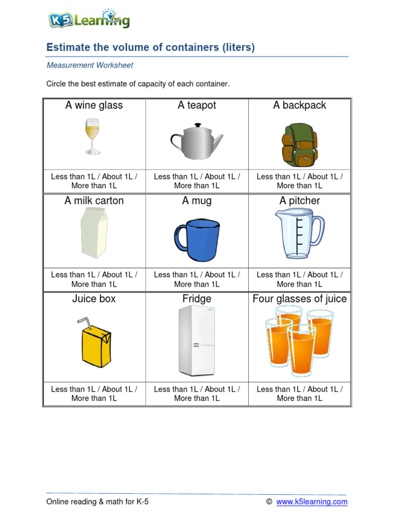 Estimating Container Volumes for Kids | PDF | Litre | Volume