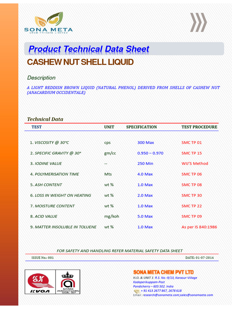 Cashew Nut Shell Liquid Technical Data | PDF