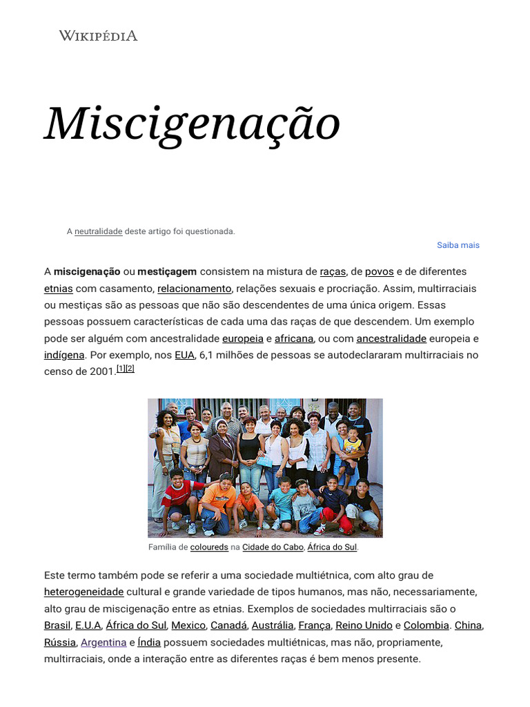 Miscigenação - Wikipédia, A Enciclopédia Livre | PDF | Miscigenação ...