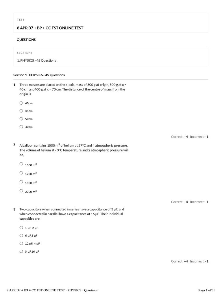 Physics Online Test Questions - April 8 | PDF | Force | Acceleration
