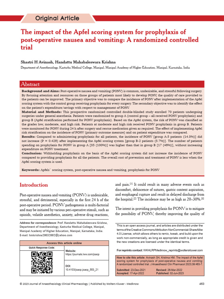 Apfel Scoring System's Impact on PONV | PDF | Anesthesia | Preventive ...