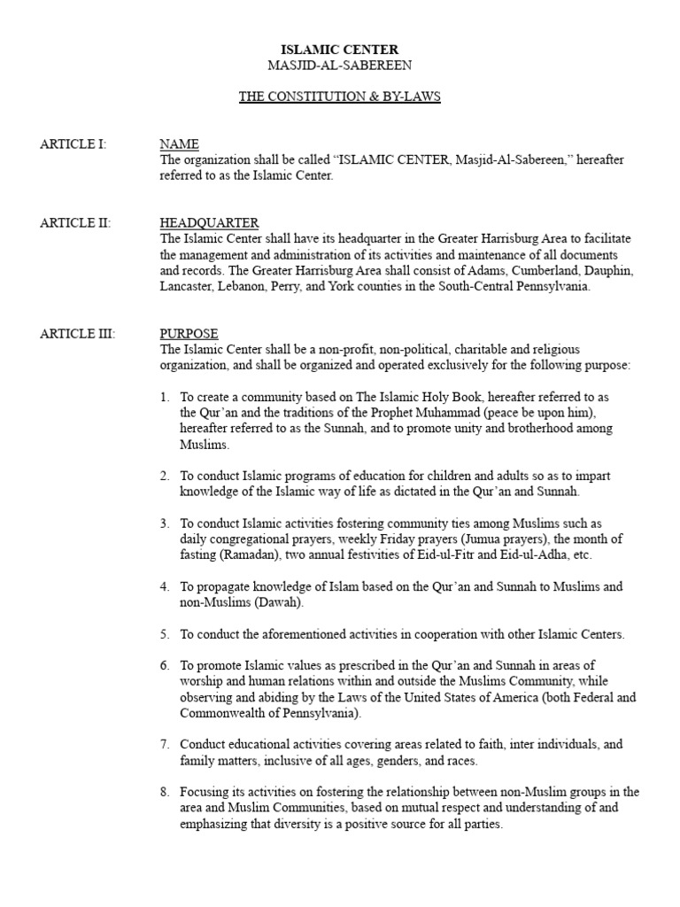 Masjid-Al-Sabereen By-Laws Overview | PDF | Board Of Directors | Mosque