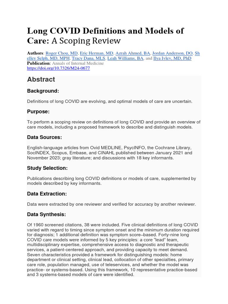 Long COVID Care Models and Definitions Review | PDF | Systematic Review ...