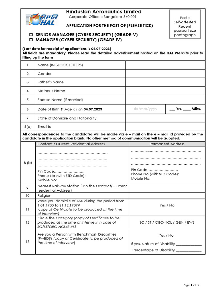 HAL Senior Manager Application Form | PDF | Career & Growth