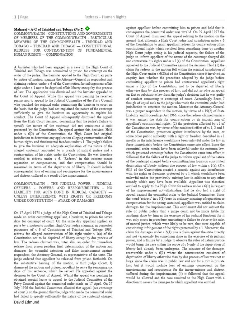 Trinidad & Tobago Human Rights Redress | PDF | Damages | Legal Remedy