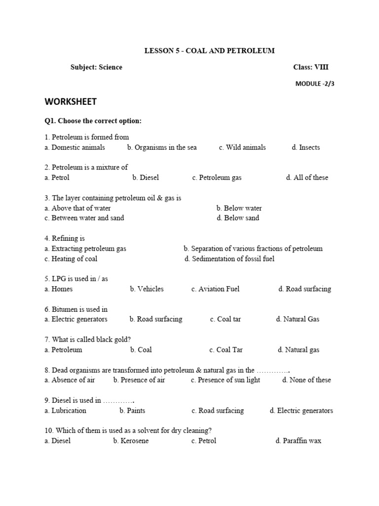 Class 8 Coal and Petroleum Worksheet Module 2 by 3 PDF Petroleum