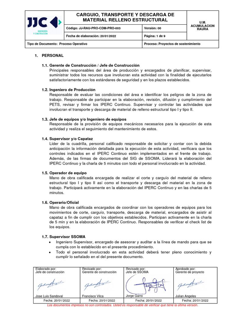 JJ-RAU-PRO-CDM-PRO-003 - Carguio Transporte y Descarga de Material ...