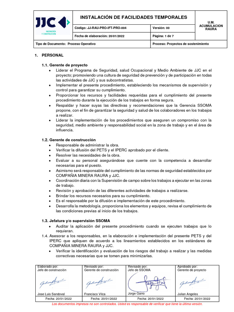Instalación de Facilidades Temporales | PDF | Seguridad y salud ...