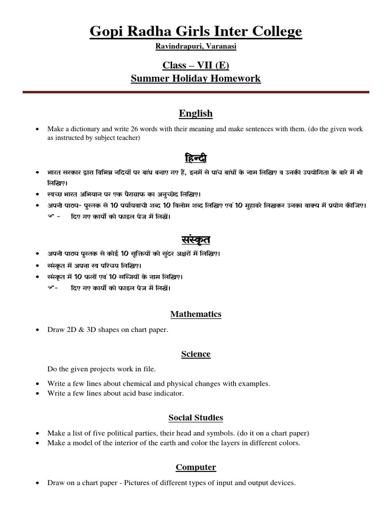 Class-7_Holiday Homework | PDF