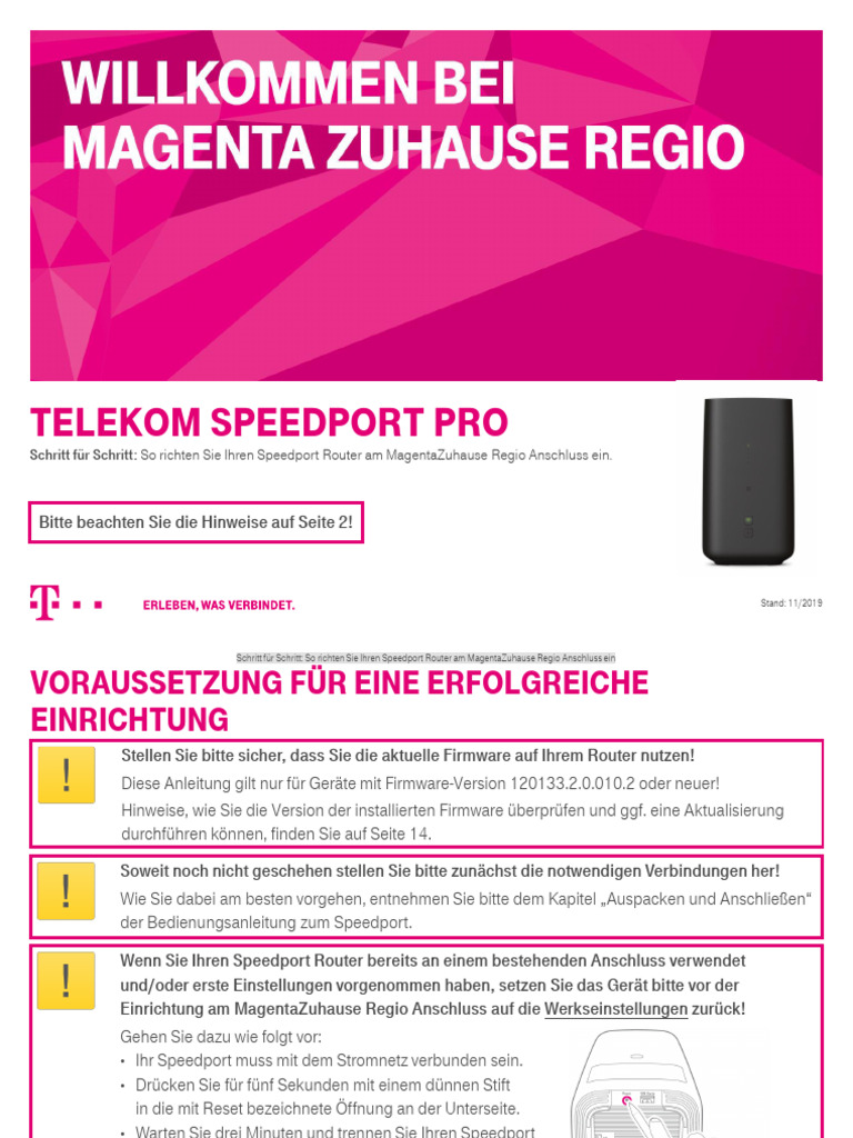Speedport Pro Einrichtung Am Magentazuhause Regio Anschluss | PDF