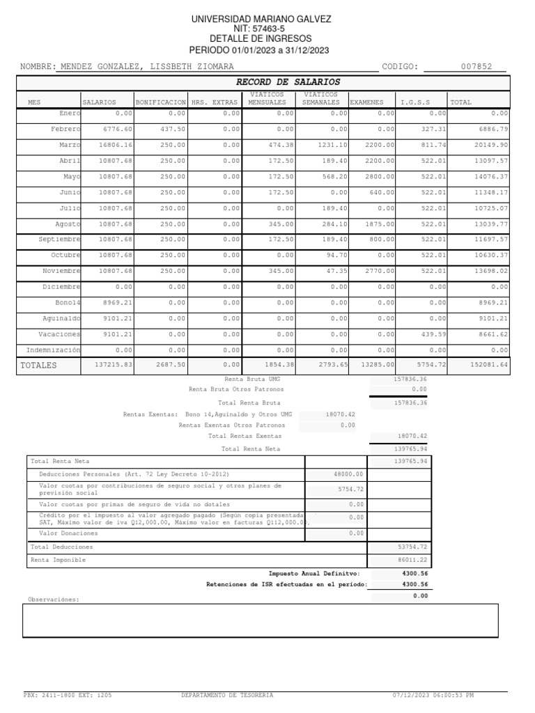Detalle de Ingresos UMG 2023 | PDF | Impuesto sobre la renta | Finanzas ...