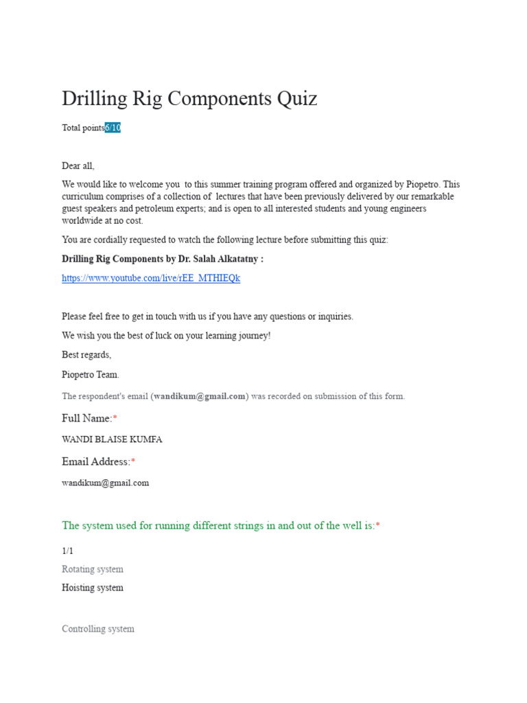 Drilling Rig Components Quiz PDF