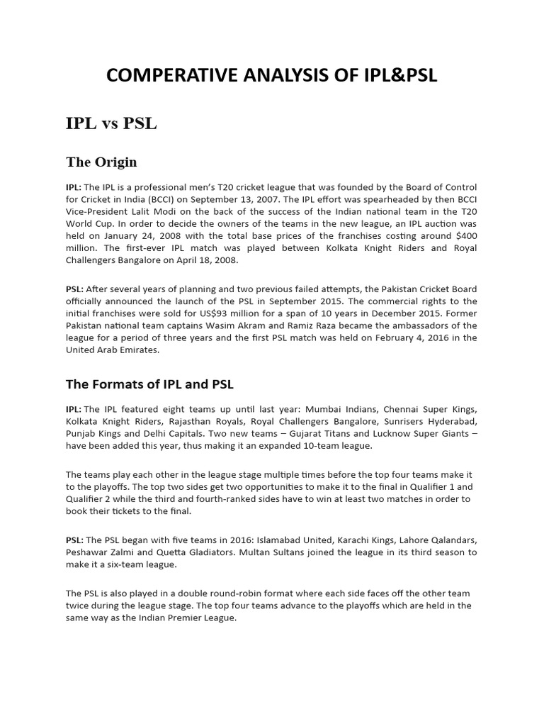 IPL vs PSL: A Comparative Overview | PDF | Cricket | Summer Sports