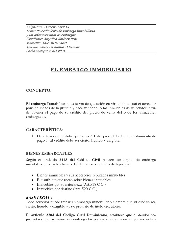 Procedimeinto Embargo Inmobiliario - ANYELINA JIMENEZ PEÑA | PDF ...