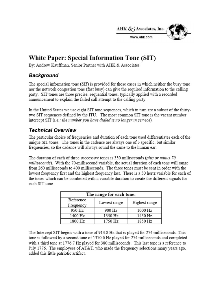 Special Information Tones By: Andrew Kauffman, Senior Partner With AHK ...