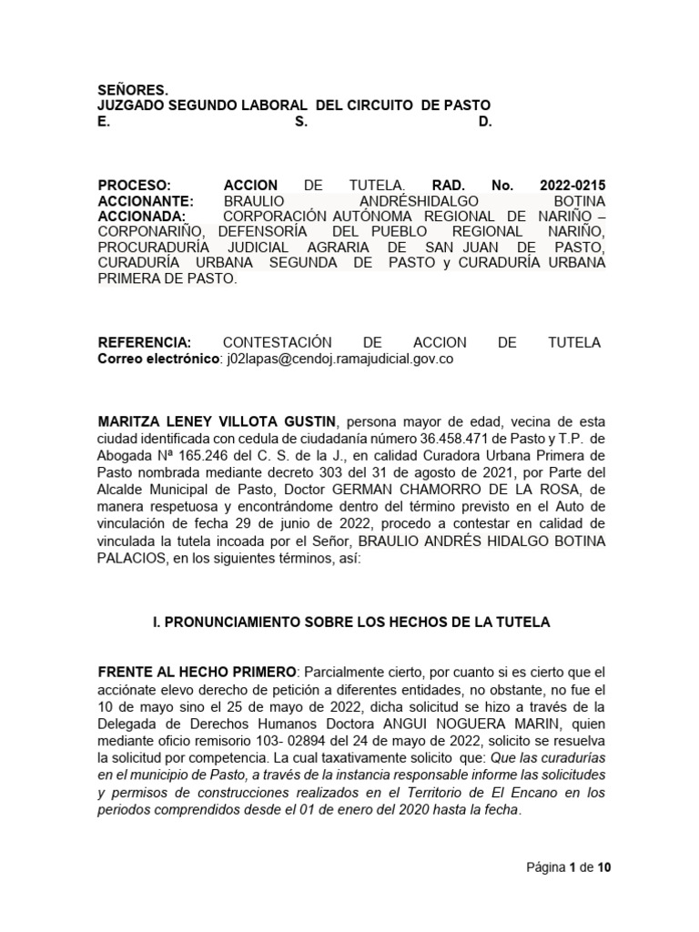 Contestación a Acción de Tutela Pasto | PDF | Petición | Ley administrativa