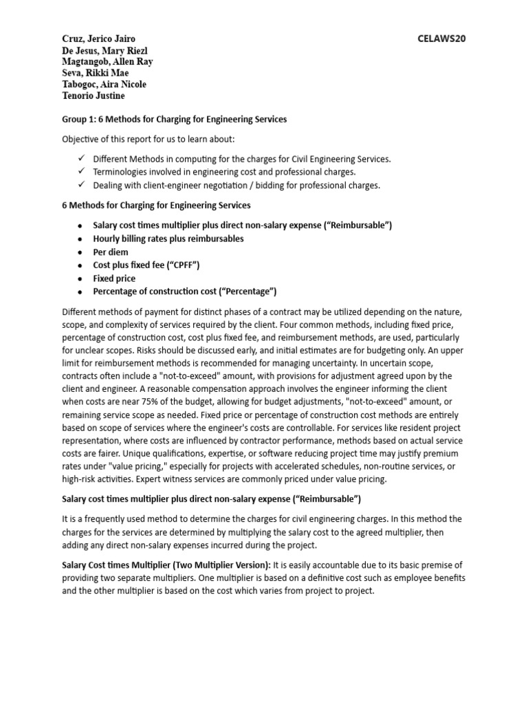 Engineering Service Charge Methods Explained | PDF | Per Diem | Procurement