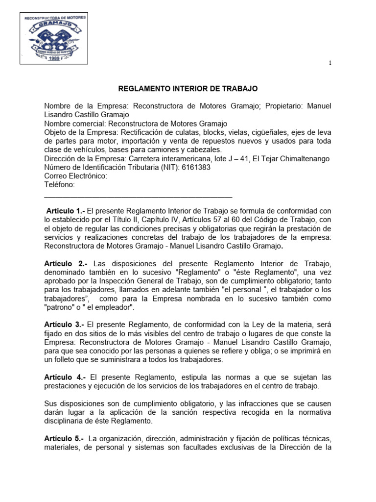 Reglamento Interior de Trabajo Empresa Gramajo | PDF | Salario ...