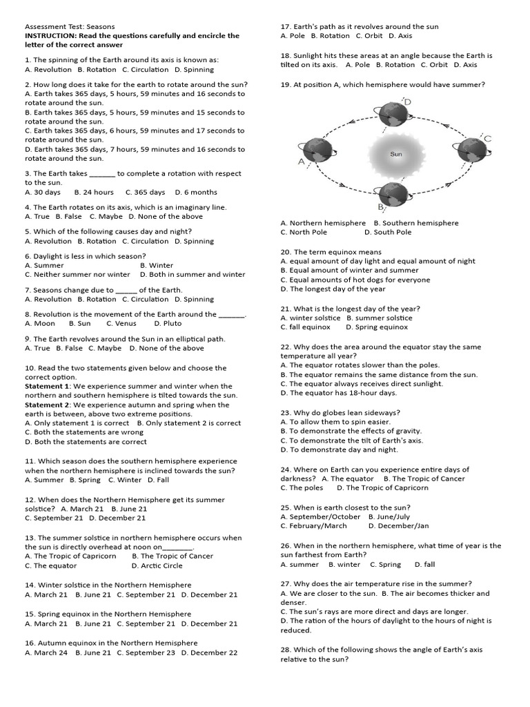 Seasons Assessment Test Questions | PDF | Equator | Earth