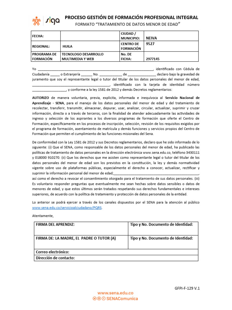 Autorización de Datos Menores SENA | PDF | Documento de identidad ...