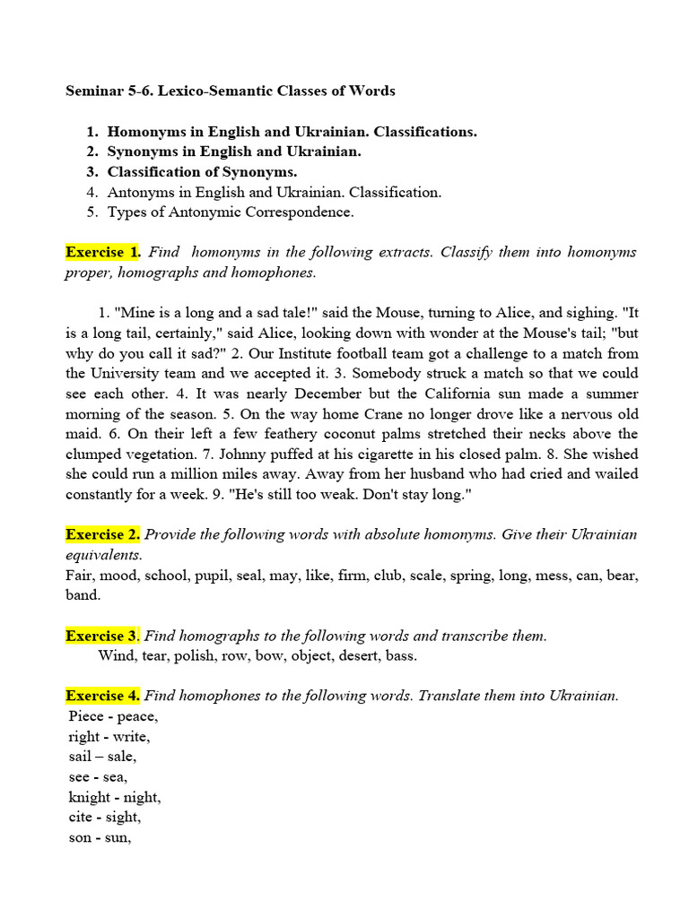 Lexico-Semantic Classes: Homonyms, Synonyms, Antonyms | PDF