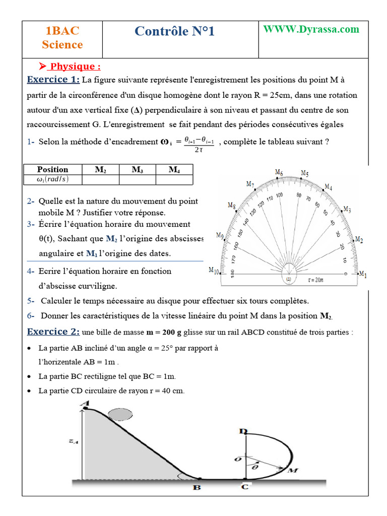 Contrôle de Physique et Chimie 1BAC | PDF | Rotation | Physique