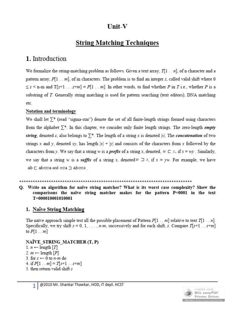 Unit 5 String Matching 2010 | PDF | Algorithms And Data Structures ...