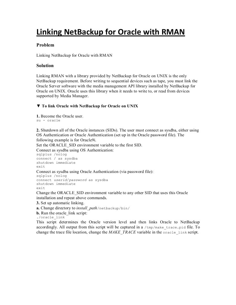 Linking NetBackup For Oracle With RMAN | PDF