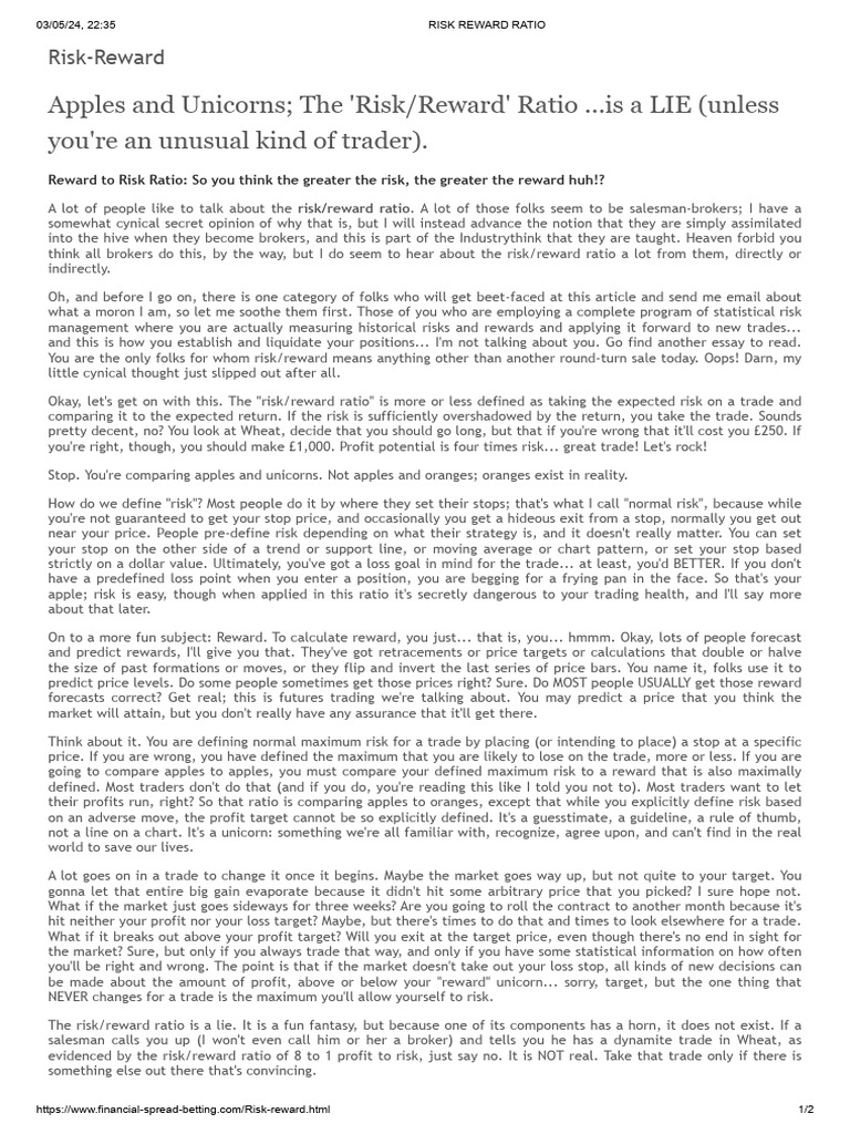 Risk Reward Ratio | PDF | Risk | Prices