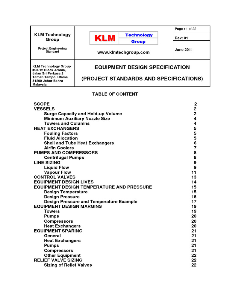 Equipment Design Specification Guide | PDF | Pressure | Heat Exchanger