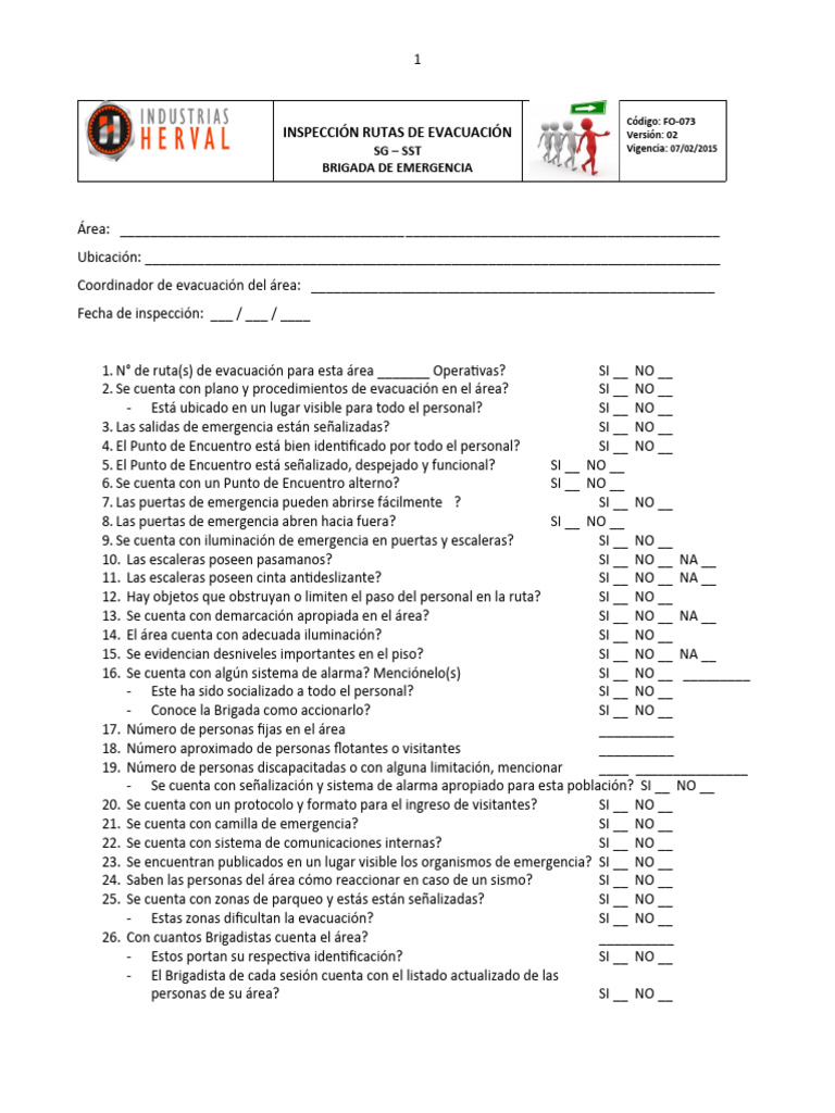 FO-073 Formato Inspección Rutas de Evacuación | PDF
