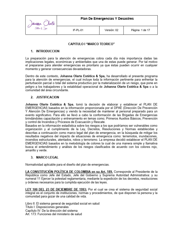 Plan de Emergencias para Estética & Spa | PDF | Riesgo | Valores