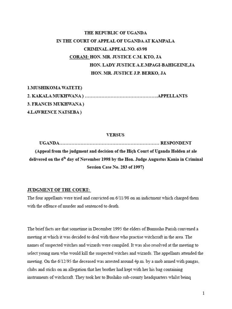 Uganda Court Appeal: Murder Case Judgment | PDF | Witness | Trials