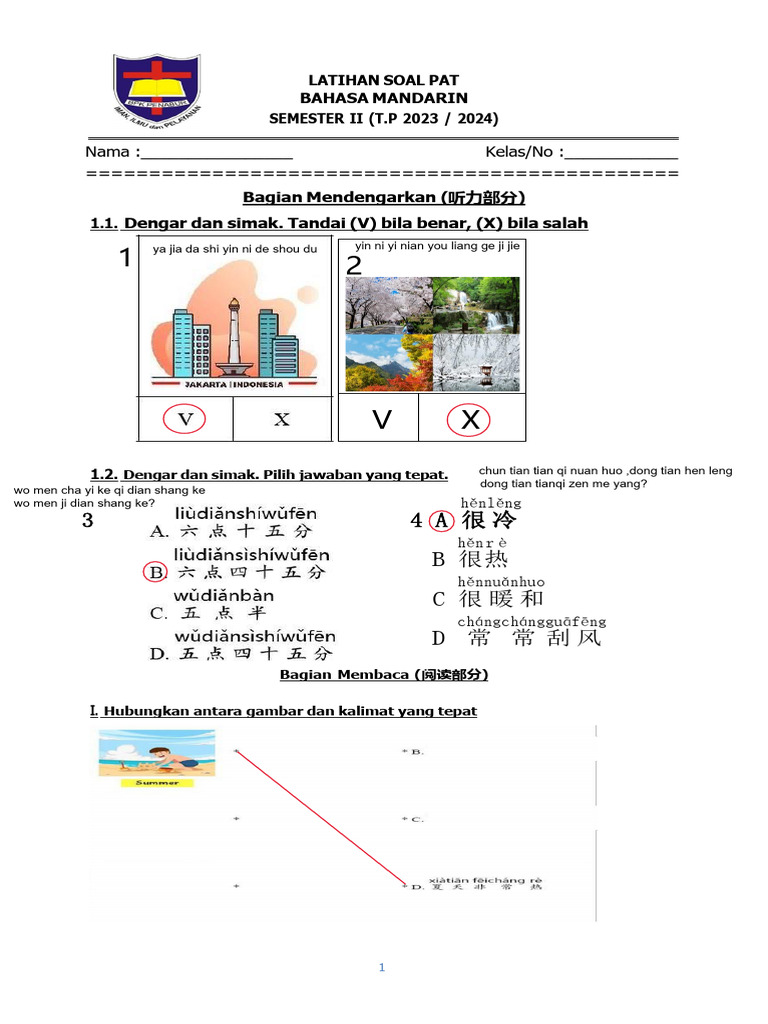 Latihan Soal PAT Mandarin Kelas 6 Semester 2 2024 - Kunci Jawaban | PDF