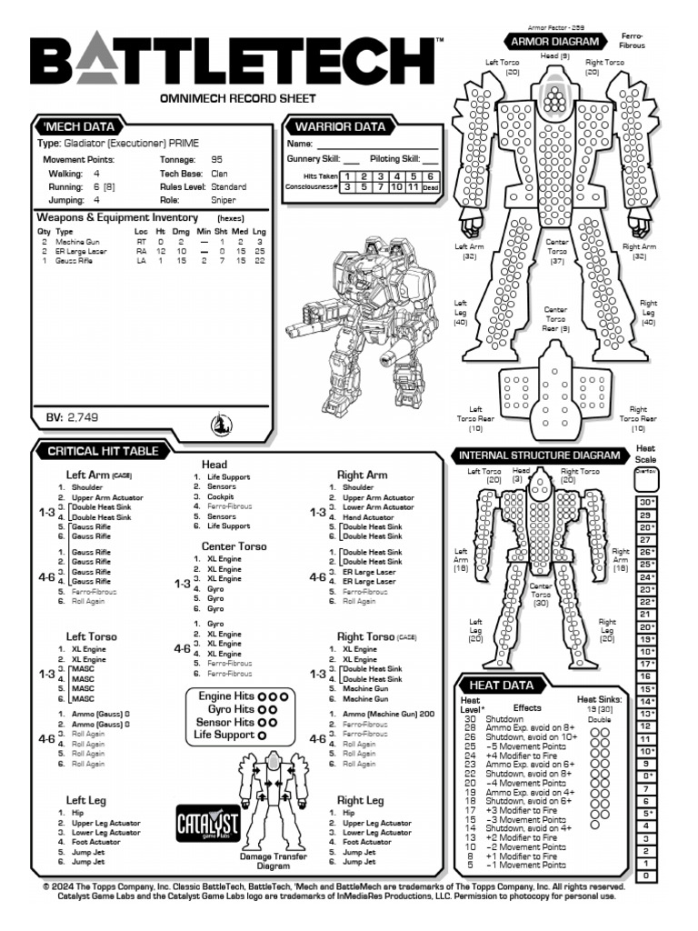 Gladiator Executioner Record Sheet | PDF | Battle Tech | Military ...