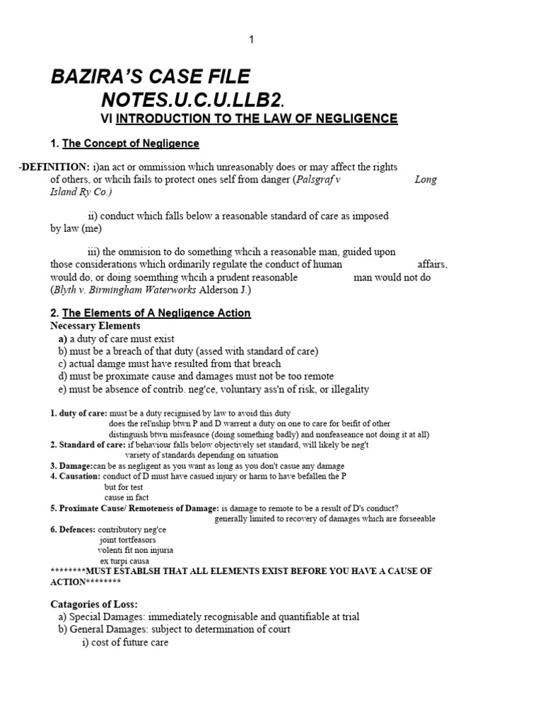 Negligence Notes Pdf Negligence Causation Law