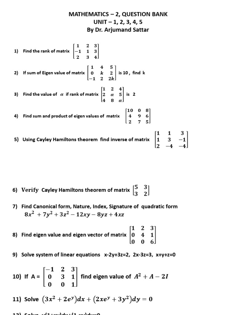 Mathematics II Question Bank 2079 | PDF | Matrix (Mathematics ...