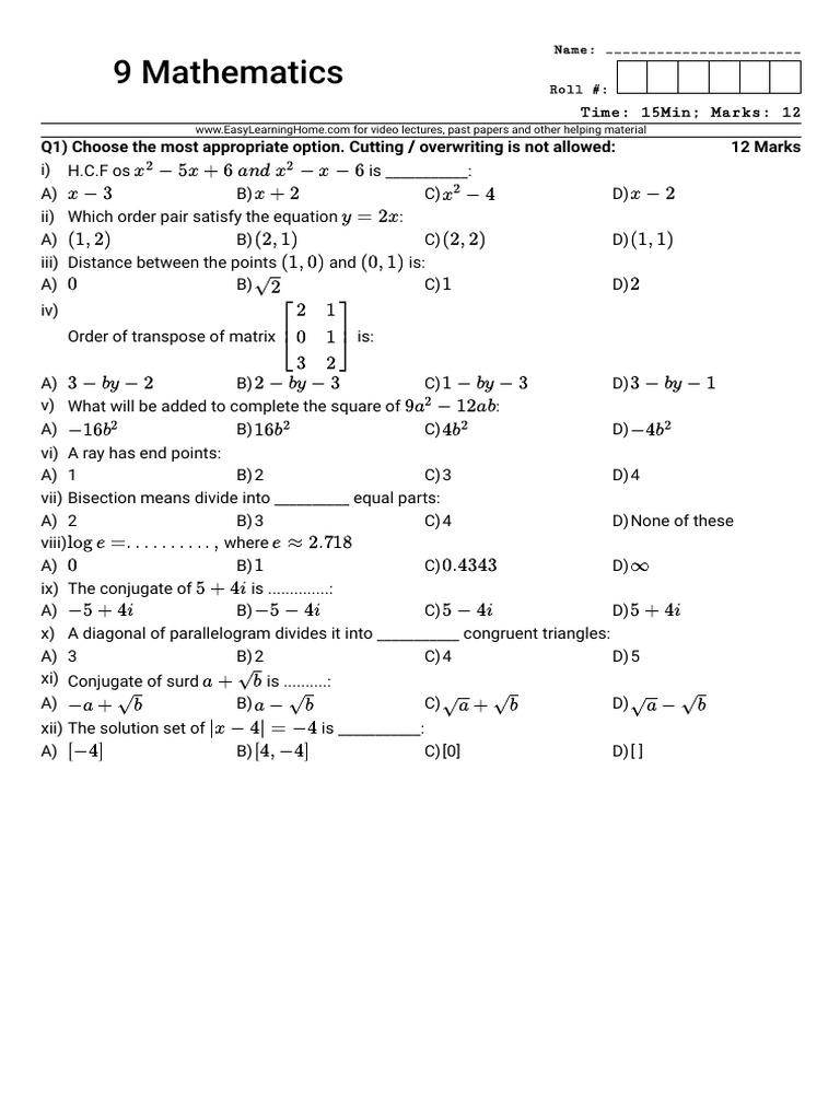 Mathematics Exam Paper with Solutions | PDF | Triangle | Mathematical ...