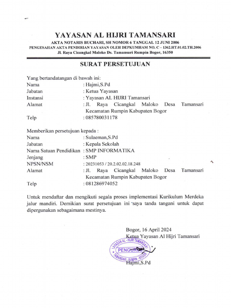 Surat Persetujuan Kurikulum Merdeka Smp Informatika Pdf