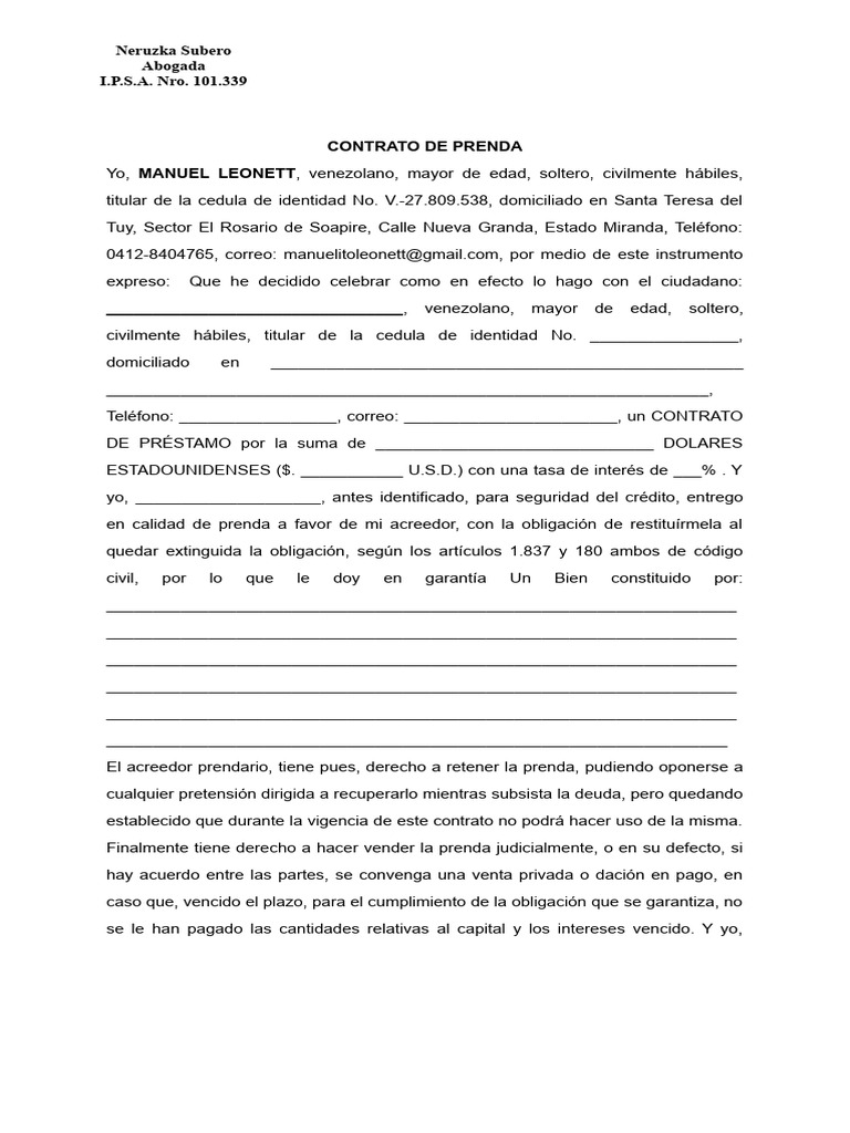 Contrato de Prenda y Préstamo Legal | PDF | Finanzas y dinero