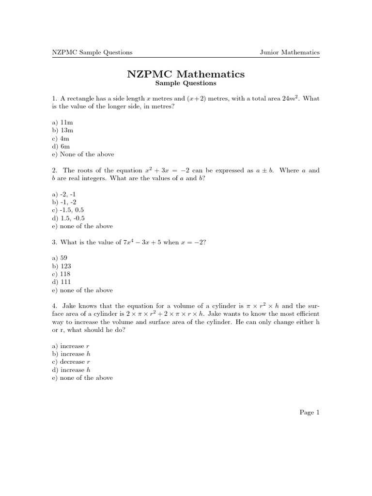 NZPMC Junior Mathematics Sample Questions | PDF | Triangle | Angle