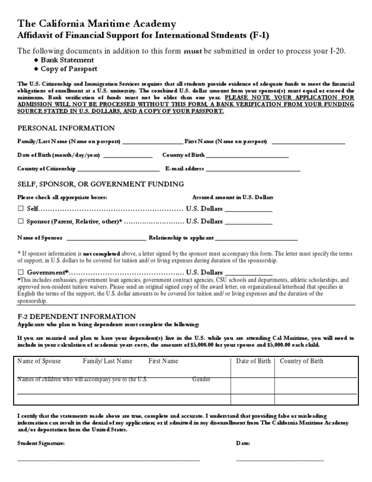 Financial Support Affidavit for F-1 Visa | PDF | Immigration | Government